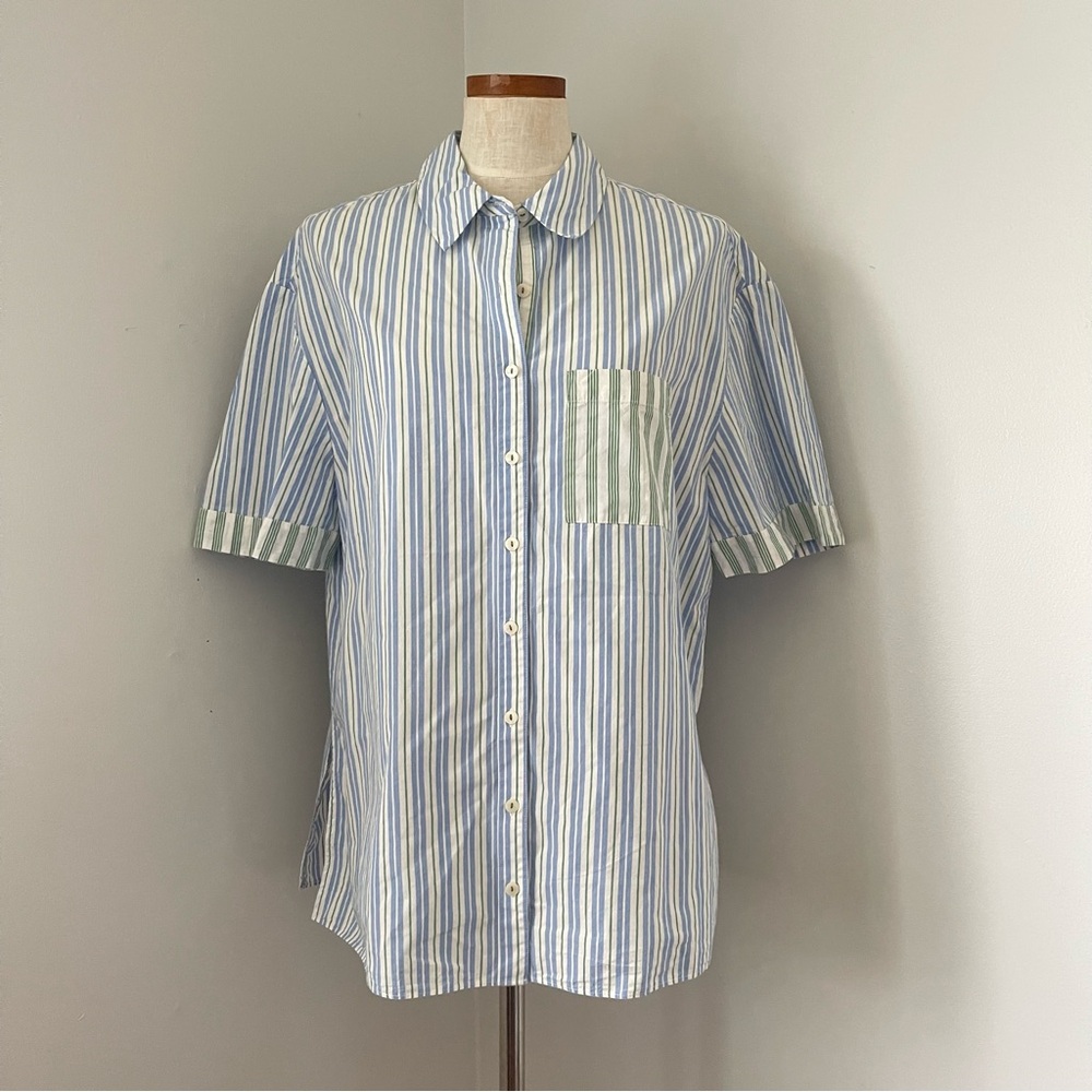 Anthropologie Blue Stripe button shirt size Small preowned